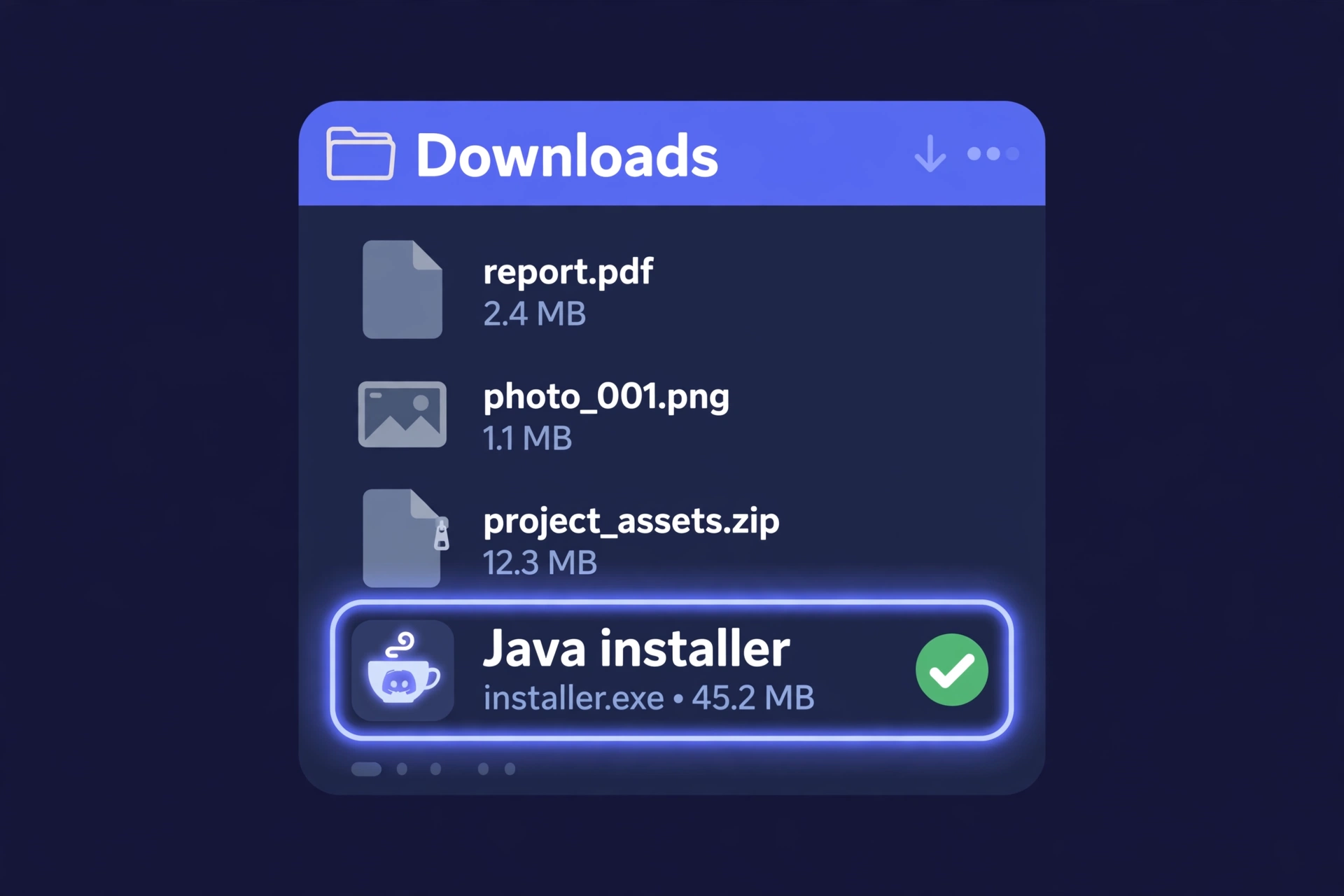 Illustration: a Java installer file with a coffee-cup icon highlighted in your downloads folder