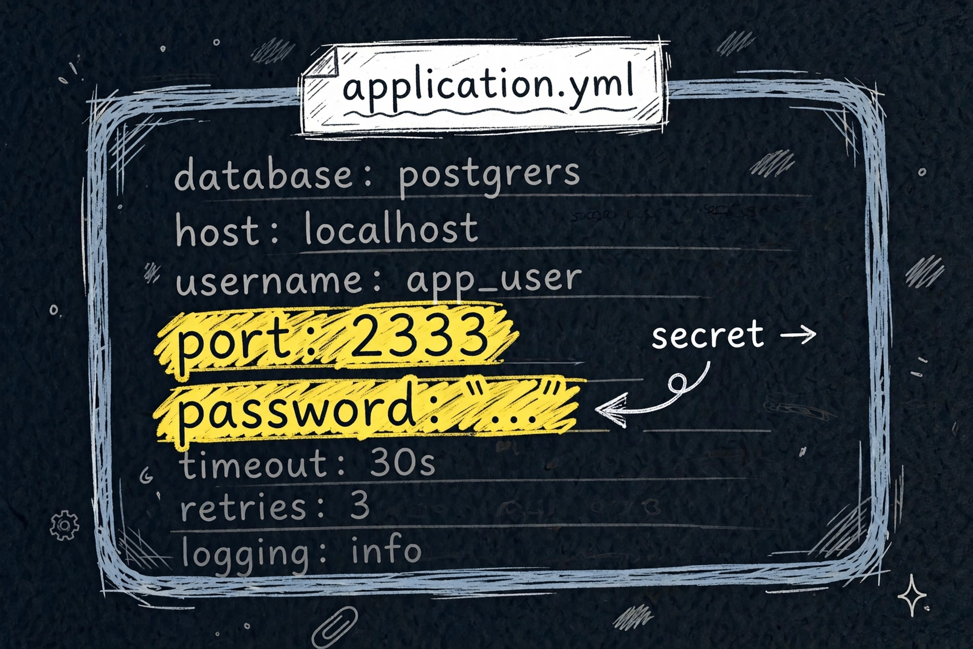 Illustration: the application.yml file with the port and password lines highlighted in yellow