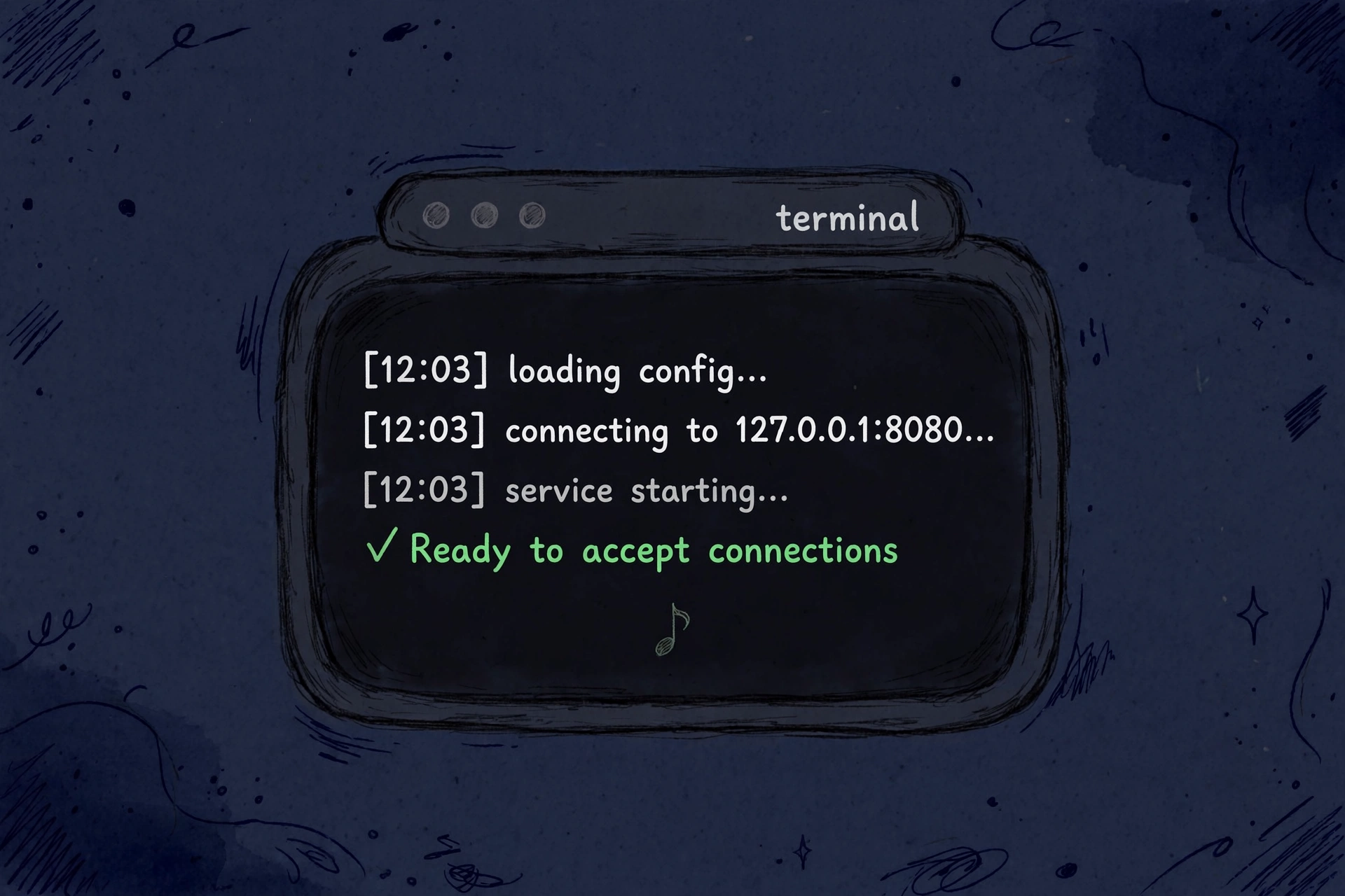 Illustration: a terminal window showing the log line 'Ready to accept connections' in green
