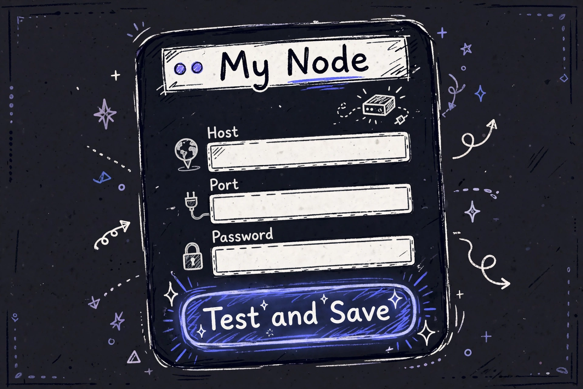 Illustration: the My Node dashboard page with Host, Port, and Password fields and a Test and Save button